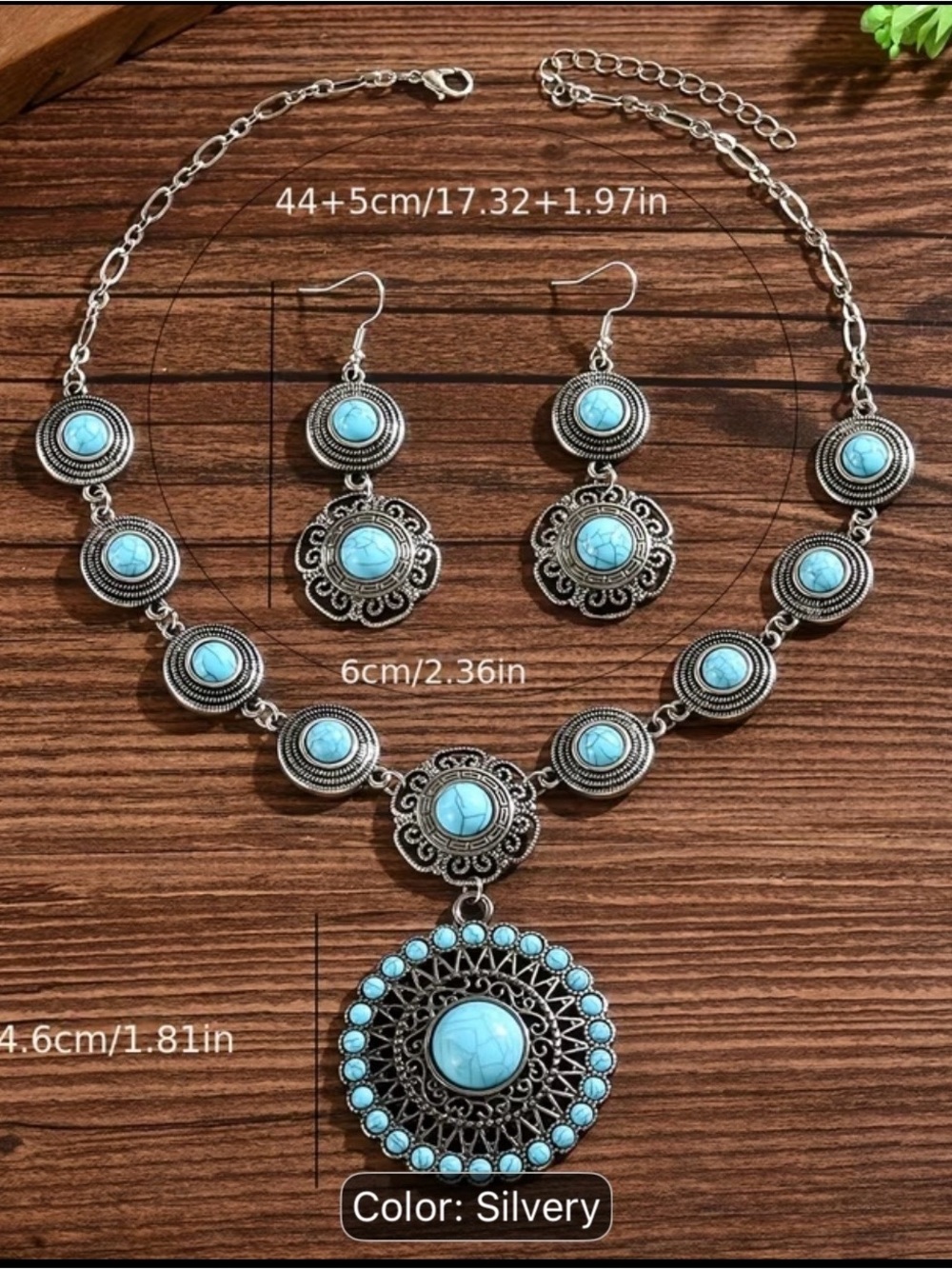 Fashion Jewelry Turquoise and Silver-Tone Round Pendant Necklace & Earrings Set - Picture 3 of 4